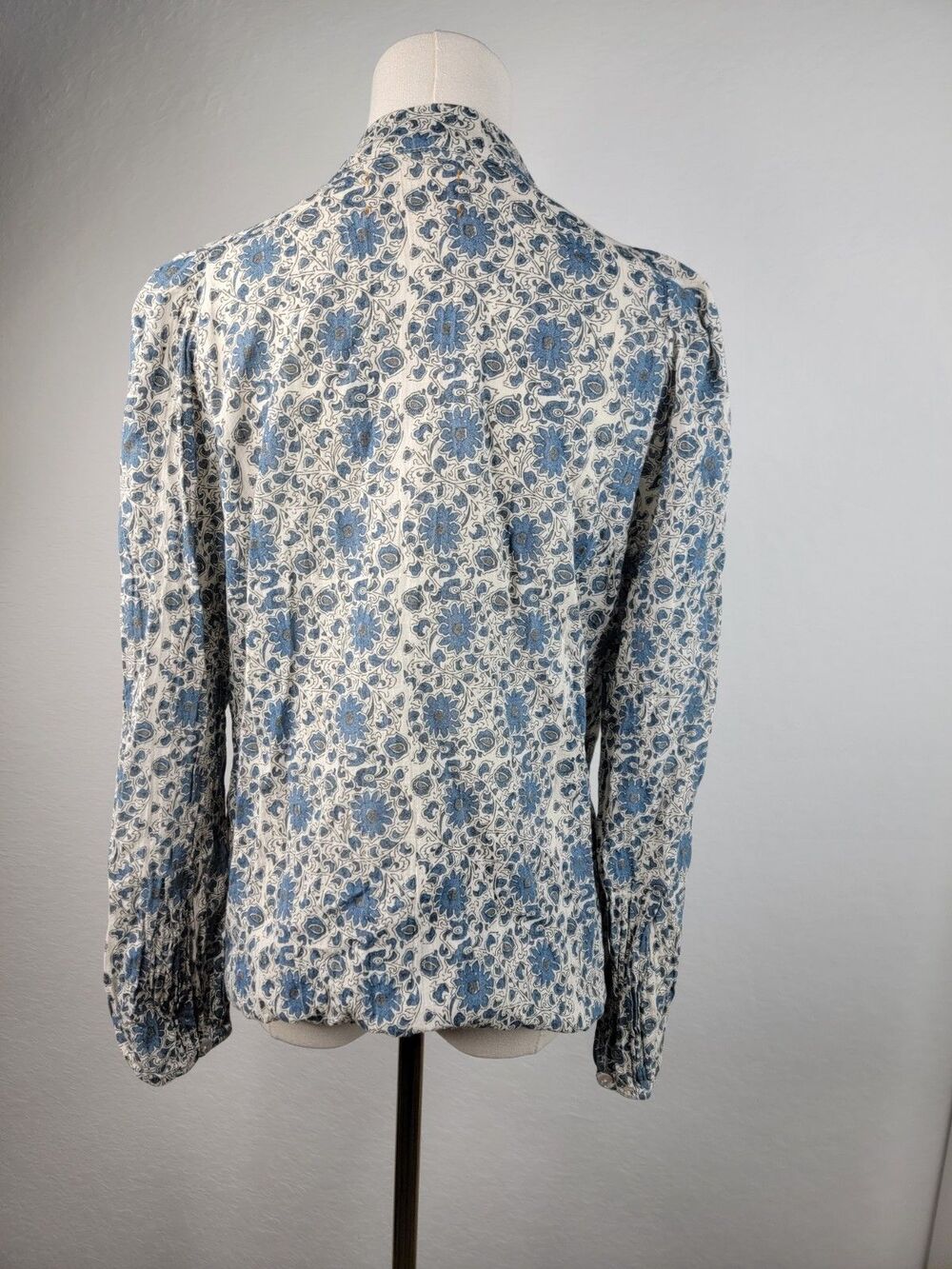 Pietsie Atlin Boho Blouse Top Womens size M 100% Cotton Blue Floral Band Collar - Picture 8 of 17